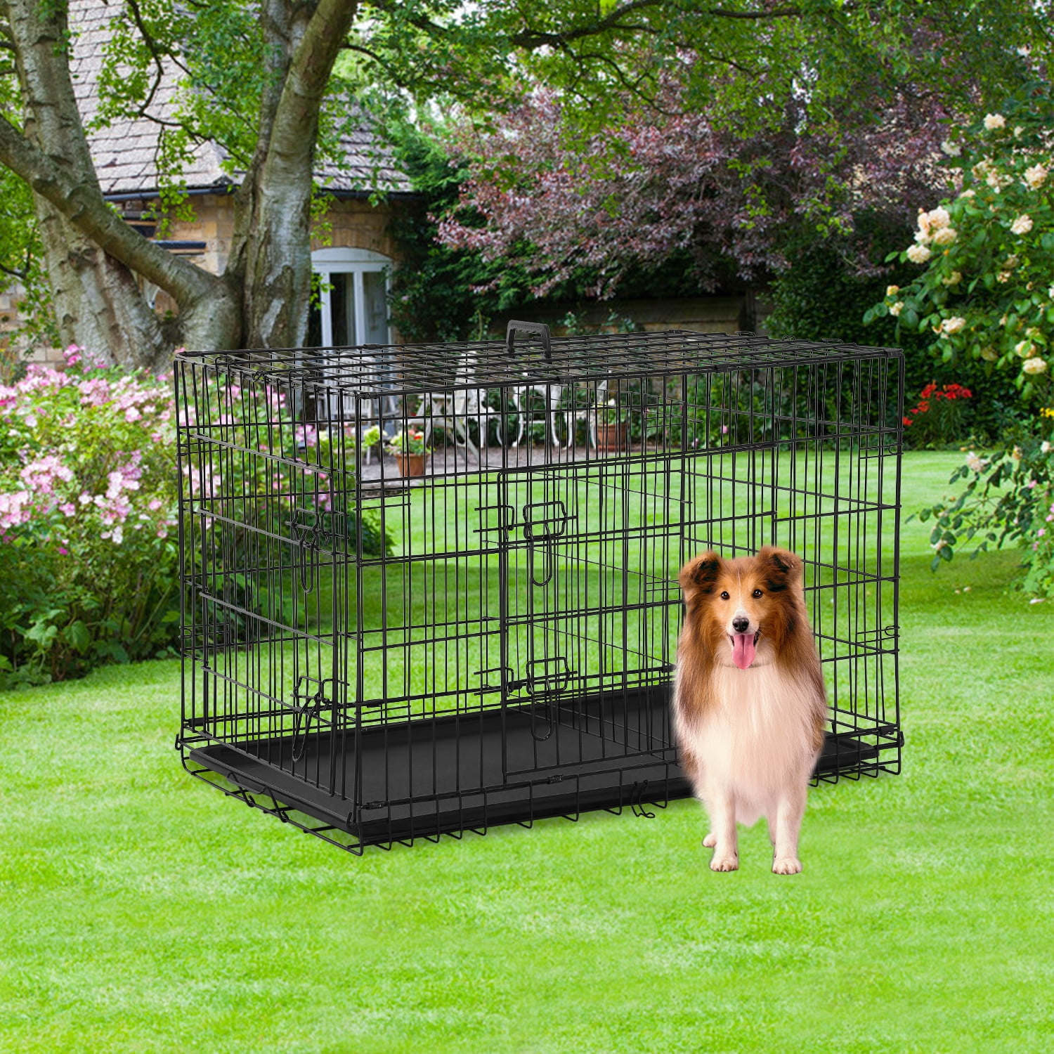 30 Inch Dog Crate for Small Dogs, Folding Metal Wire Crates Dog Kennels Outdoor and Indoor Pet Crate with Double-Door, Black