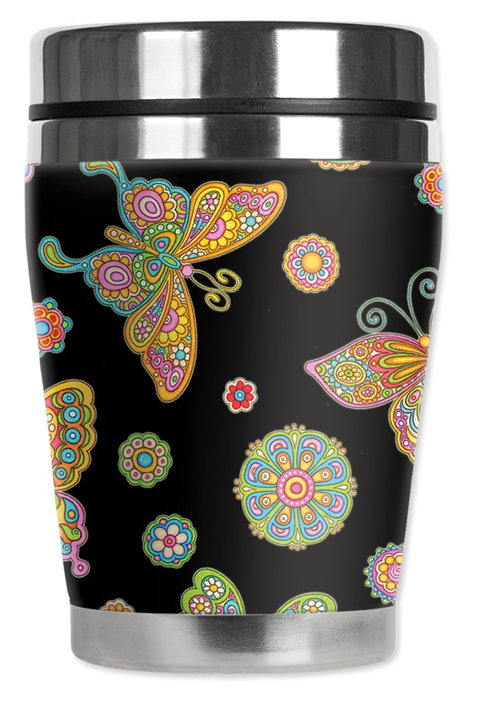 Mugzie brand 16-Ounce Travel Mug with Insulated Wetsuit Cover Green Butterfly