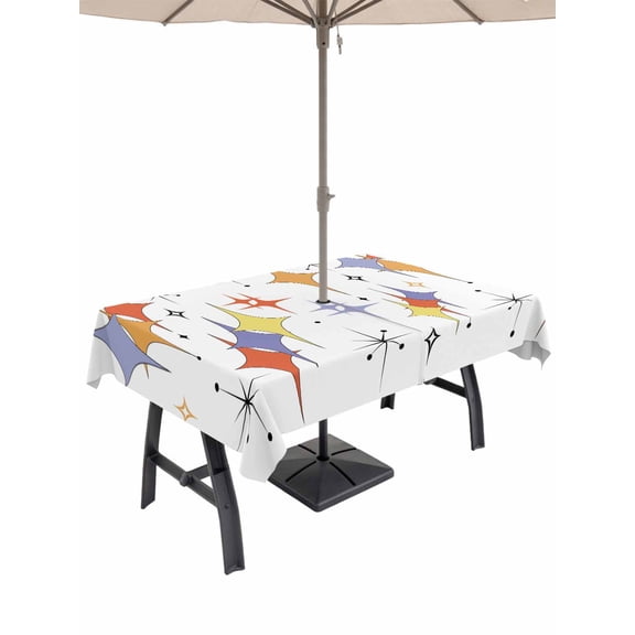 Outdoor Tablecloth with Umbrella Hole and Zipper, Orange Purple Diamond Rectangle Table Cloth 60x102 Inch Waterproof Tablecloth, Modern Geometric Middle Century Picnic Table Cover for Patio Camping