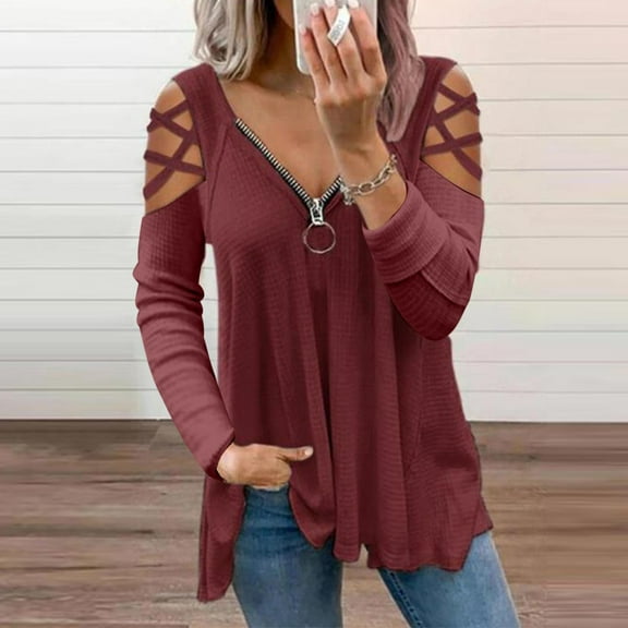 Abcnature Womens Fashion Summer V-Neck Solid Color Long Sleeve Casual Blouse Tops Plus Size Tops for Ladies Autumn Winter Casual Loose Tunic Blouse Wine S