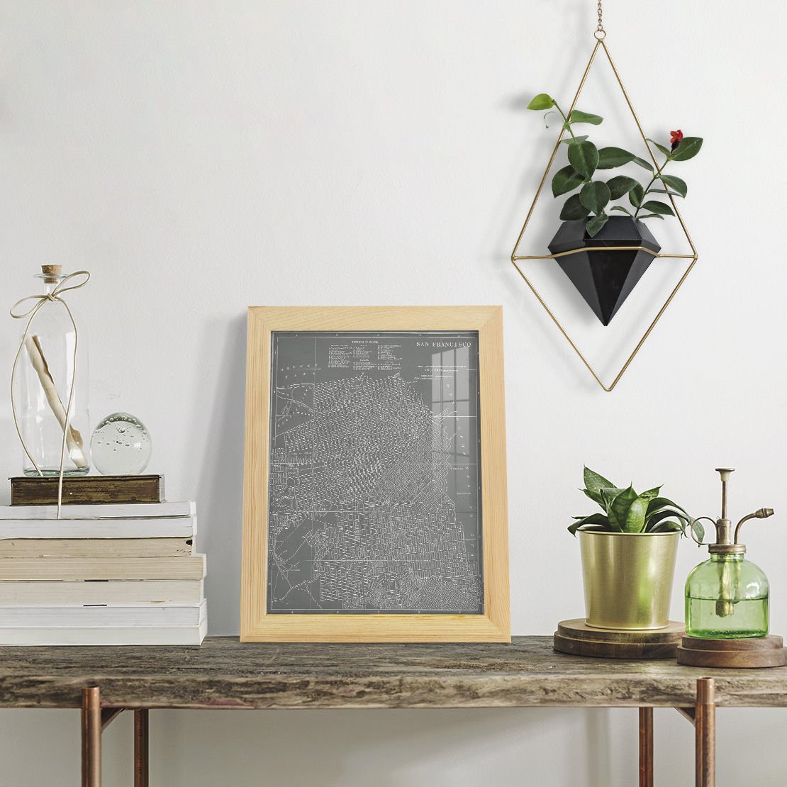 City Map of San Francisco -Framed Print w/glass-Natural Wood