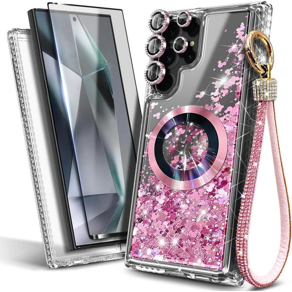NageBee Magnetic Case for Samsung Galaxy S24 Ultra | MagSafe Compatible | Jewel Camera Lens & Tempered Glass Screen Protector & Wrist Strap Lanyard | Glitter Floating Liquid Cover (Rose Gold)