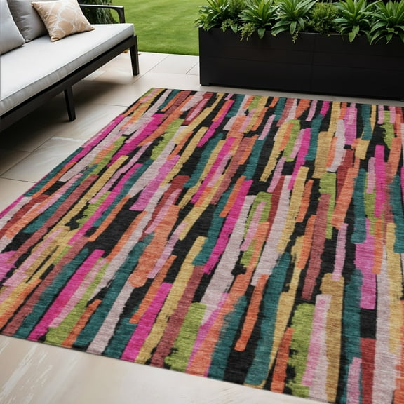 5' X 8' Pink Black And Green Striped Washable Indoor Outdoor Area Rug