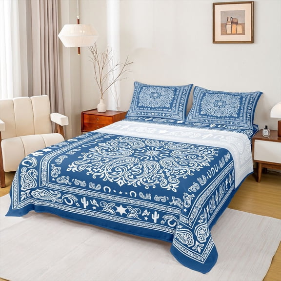 jejeloiu Nautical Vintage Floral Queen Sheets For Men Women,Paisley Print Queen Sheet Sets,Blue White,4 Pieces,1 Flat Sheet, 1 Fitted Sheet and 2 Pillowcases