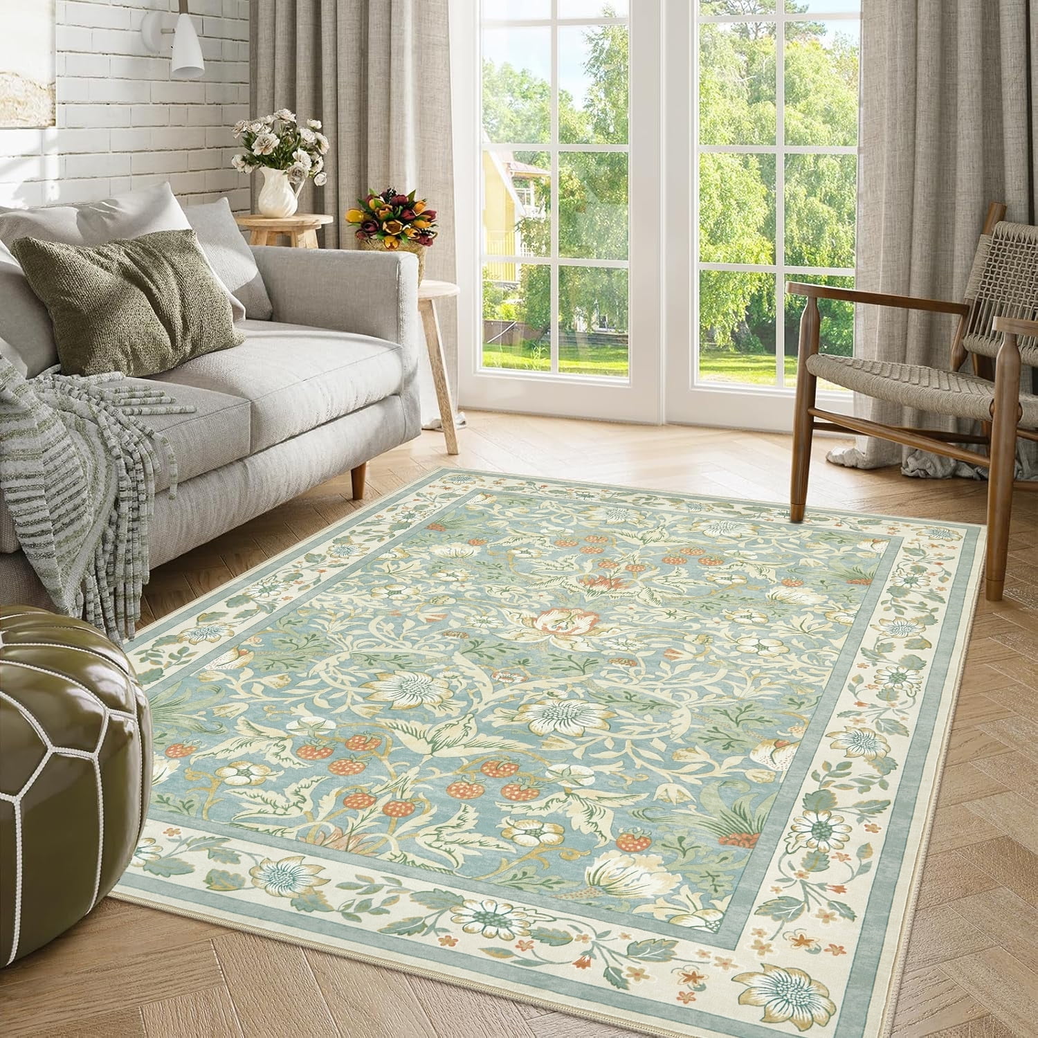 Toyoso 9x12 Area Rug Living Room Rugs - Washable Vintage Floral Soft Thin Large Rug Indoor Floor No Slip Rug Carpet for Bedroom Under Dining Table Home Office Decor - Blue Green