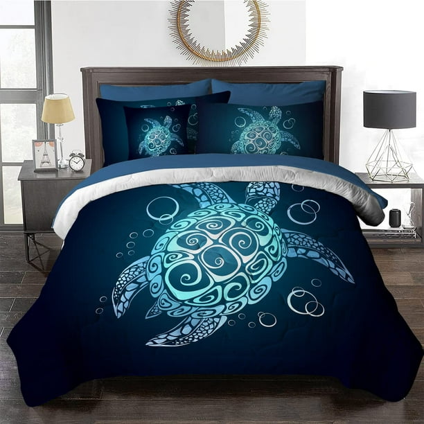 Juego de Cama Tortuga Marina Teal Turquoise Twin Size Bed-in-A-Bag 8-Piece