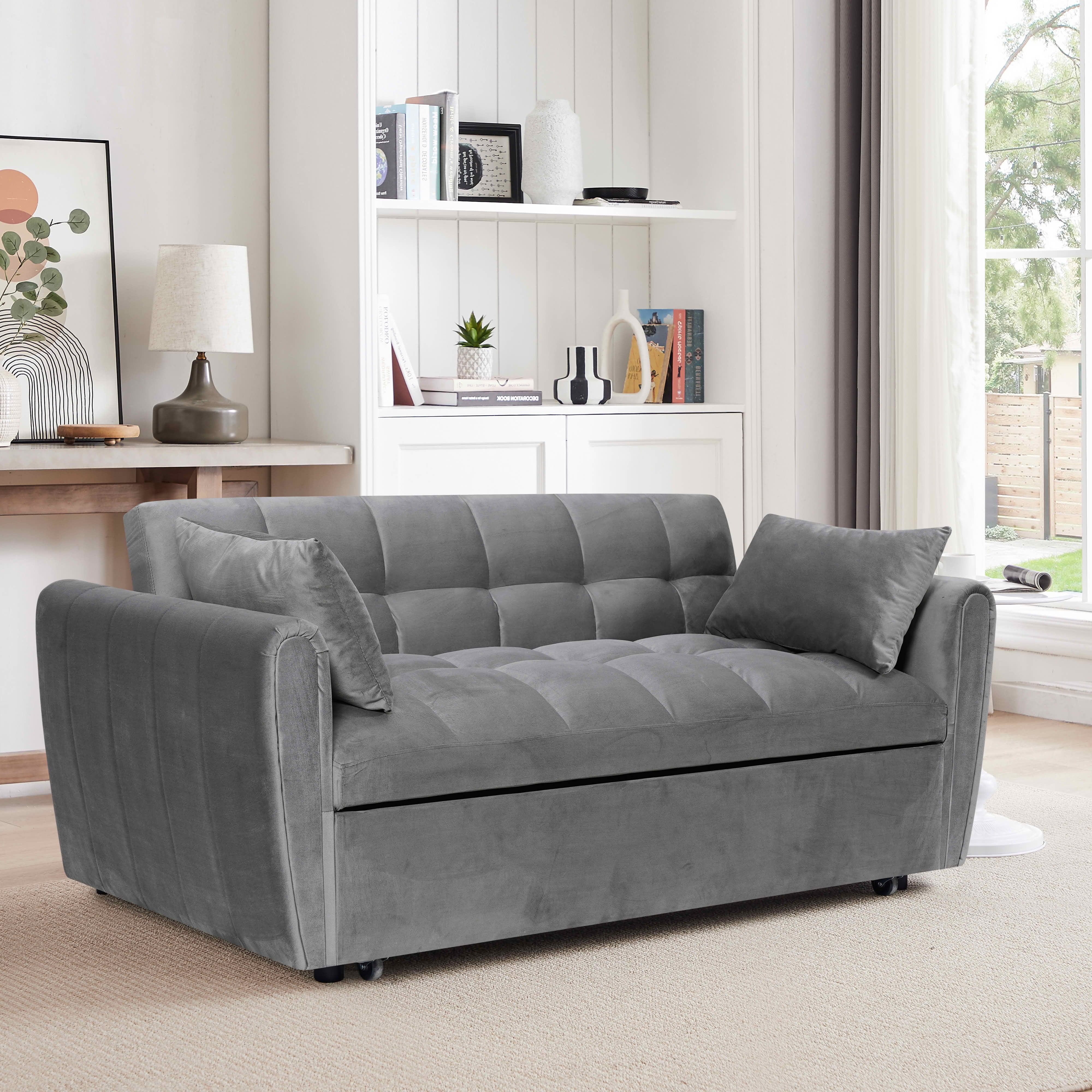 MAYEERTY Dark Gray Velvet 65" 3-in-1 Foldable Double Sofa Bed, Adjustable Back Convertible Futon Couch with Pillows