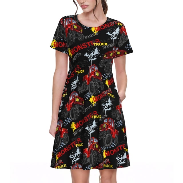 Bixox Robe d'Été à Manches Courtes pour Femmes Robe Ample Longueur Genou avec Poches-Camion Monstre