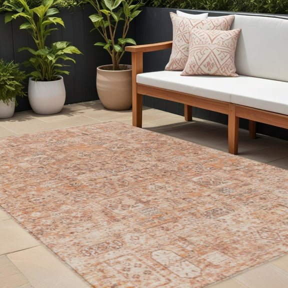HomeRoots 578212 9 x 12 ft. Floral Washable Indoor & Outdoor Rectangle Area Rug, Salmon, Orange & Gray