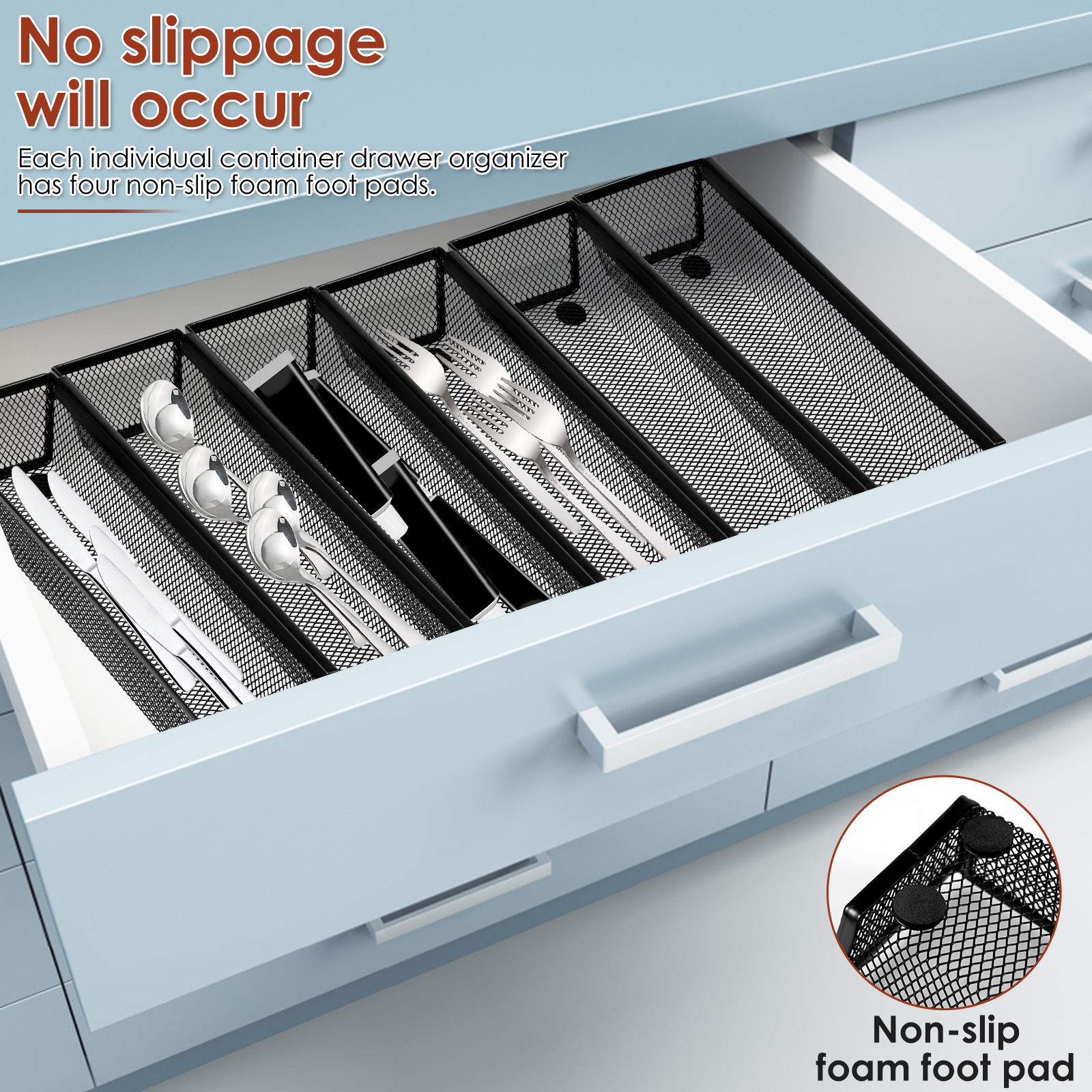 6 Pcs Drawer Organizer with Interlocking Arm Metal Utensil Mesh Drawer Organizer Nonslip Utensil Organizer Breathable Silverware Drawer Organizer for Kitchen 9.6x3x2inch Black