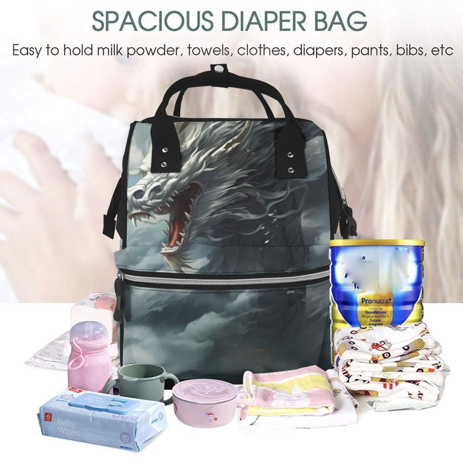 Fuzoiu Cloud White Dragon Print Diaper Bag Backpack,Baby Essentials Travel Tote,Multi function Waterproof Diaper Bag, Travel Essentials Baby Bag - Unisex