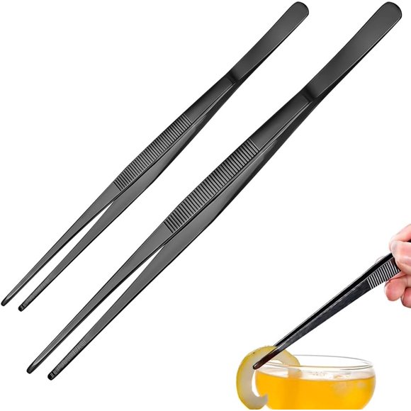 Cangfort 2Pcs Kitchen Tweezers, 12 Inch & 10 Inch Black Stainless Steel, Multi-Function Precision Serrated Tips Cooking Tongs