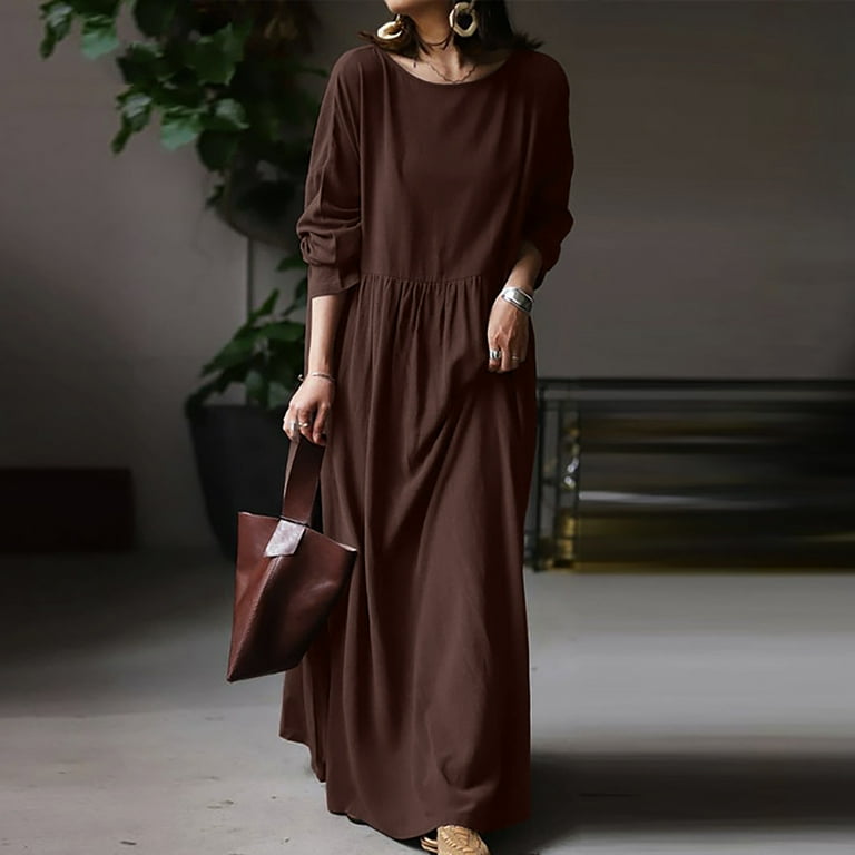knee length dresses for ladies Autumn Retro Cotton Linen V-Neck Printed Loose Dress – Babakud main image 0
