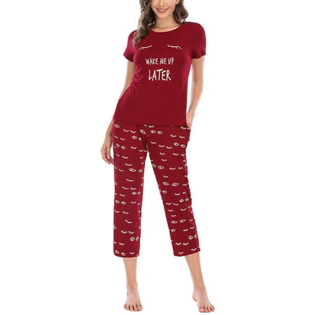 

2 Pcs Women Cartoons Printed Pajama Sets Sleepwear Top with Capri Pants Lounge Sets with Pocket