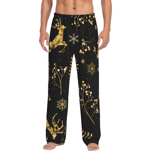 Gukieu Christmas Gold Deers1 Print Men's Home Trousers, Elastic Drawstring Home Pajamas Clothing Suitable for Adult Men-Small