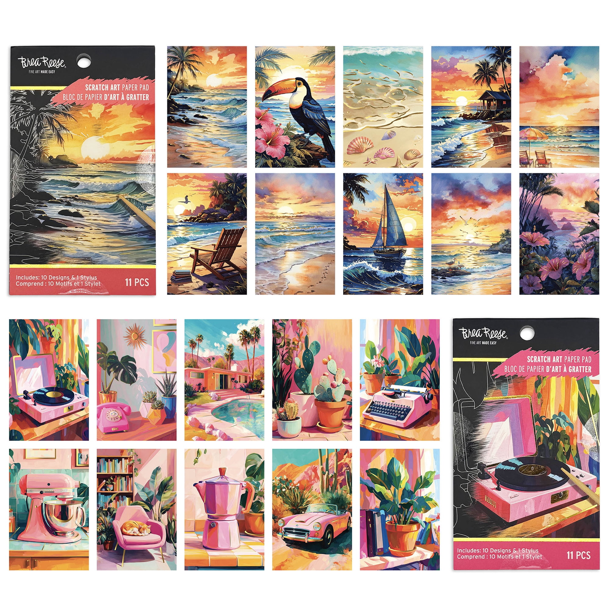 Brea Reese: Scratch Art Paper Pad 2 Pack - Beach Bum & Record Player - 20 Design Assortment, Metallic Accents, Wooden Stylus, 6x8" Pages, Adult Craft