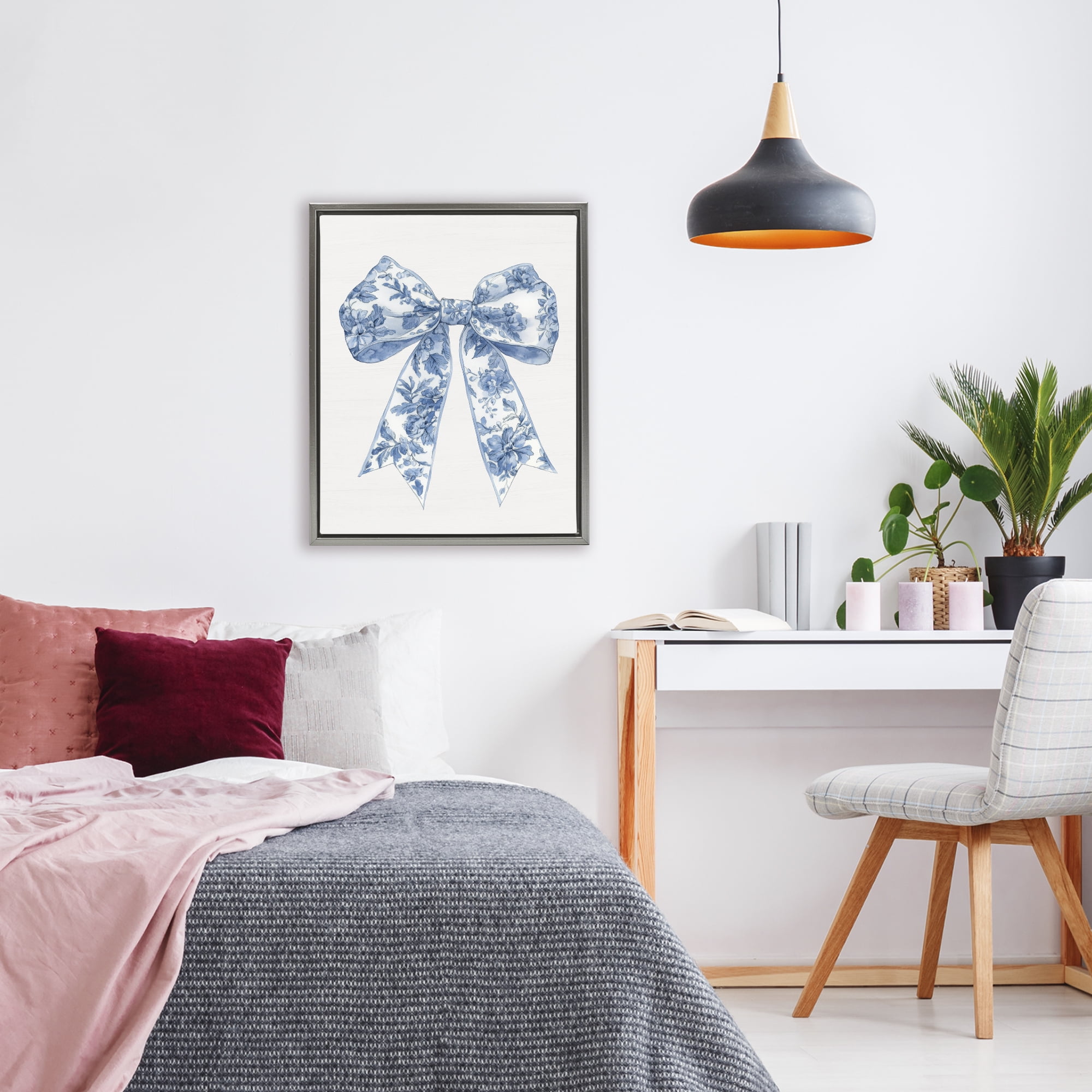 Soft Delicate Toile Bow Gray Framed Floater Canvas Wall Art, design by Lettered and Lined