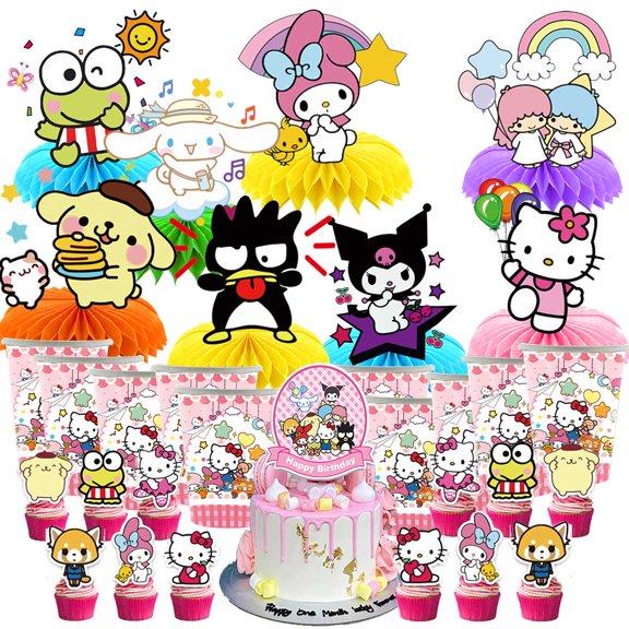 Sanrio Party Supplies Decor Cups Fans Decorations Honeycomb Centerpieces Cake Toppers