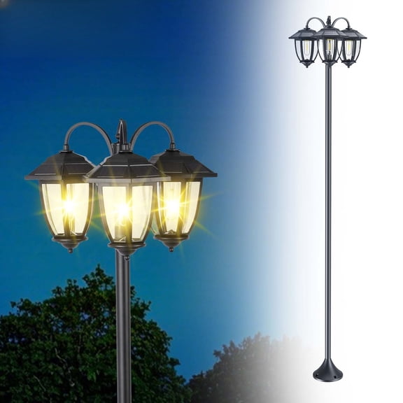 73" Aluminum Solar Lamp Post Light, 3-Head Solar Light Posts for Outside Waterproof, 90Lm Outdoor Lamps for Patio, Backyard, Front Porch Decor, Warm White, Replaceable Bulb