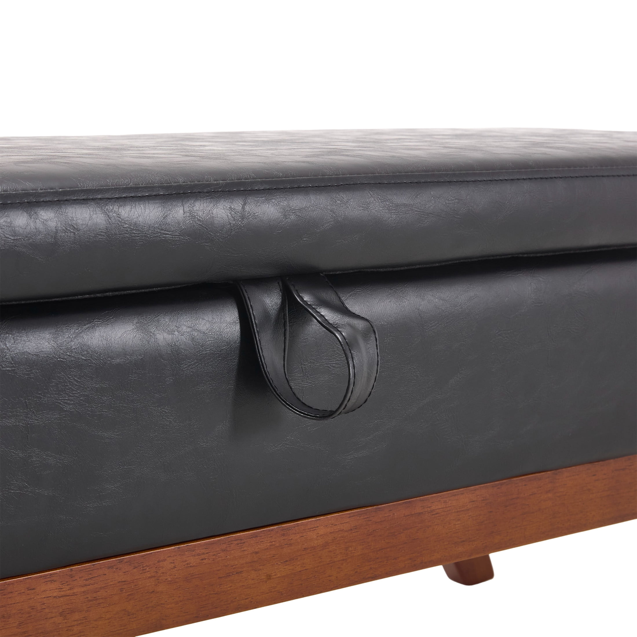 Noble House Madeleine Classic PU Upholstered Bed End Stool, Modern Solid Wood Legs and Hidden Storage, Black