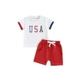 thumbnail image 2 of Musuos 4th of July Toddler Boy Summer Outfits, 6 12 18 24M 3Y Round Neck Short Sleeve Letter Print Tops + Elastic Waist Shorts Set, 2 of 10
