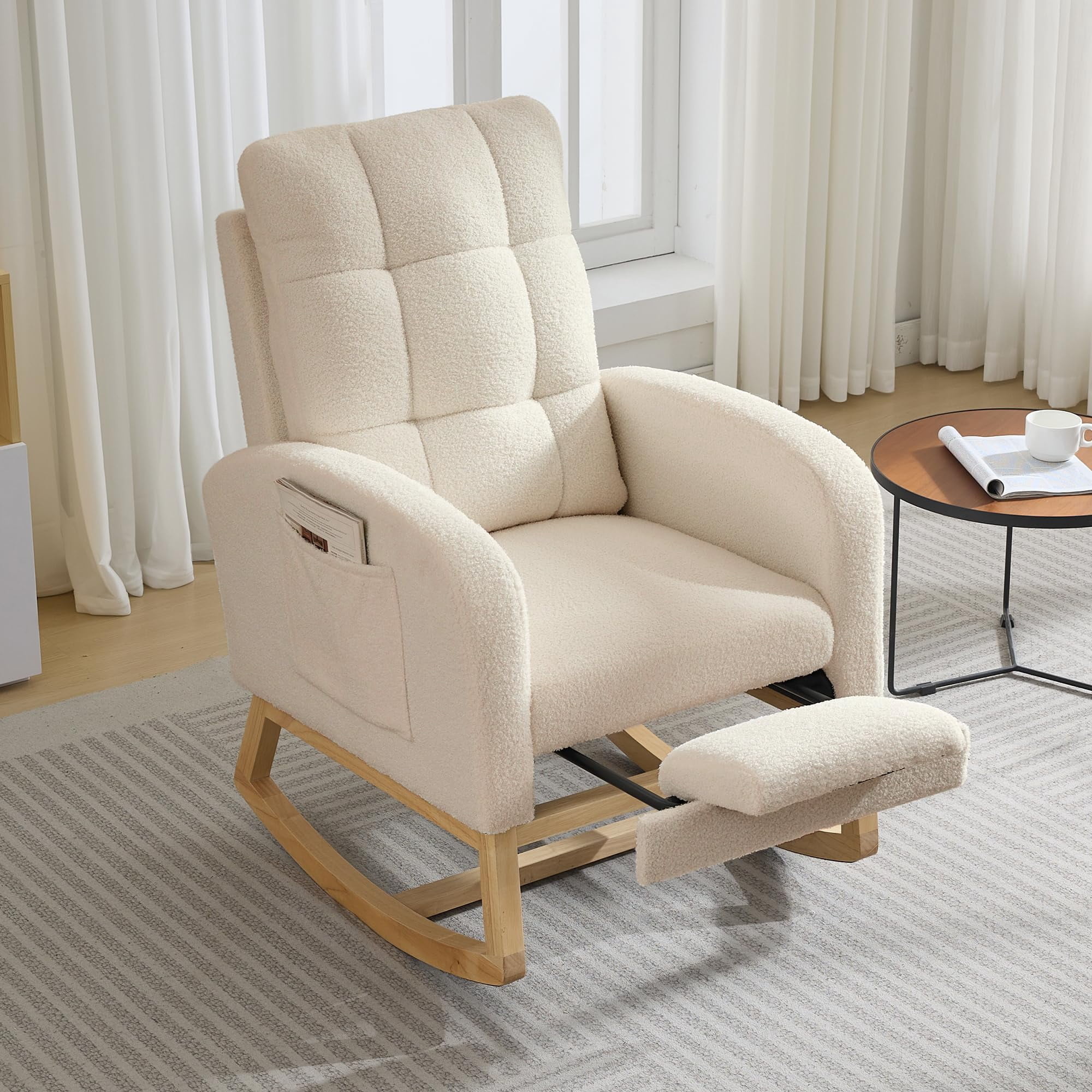 Nursery Glider Rocking Recliner Chair with High Back and Footrest, USB Charging Port, Side Pocket, Solid Wood Legs - for Nursing/Reading, Living Room/Bedroom - Soft Velvet Camel | with footrest