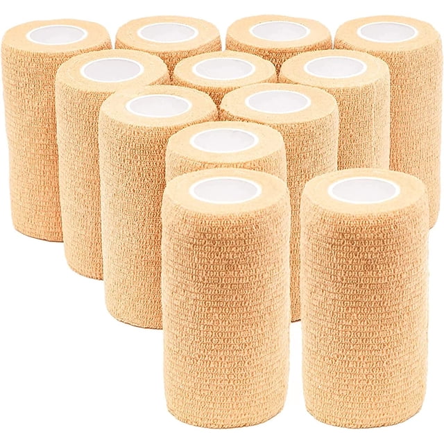 Woeilo 12 Rolls Self Adherent Bandage Wraps, 4 Inch x 5 Yards Cohesive Vet Tape for First Aid (Tan)