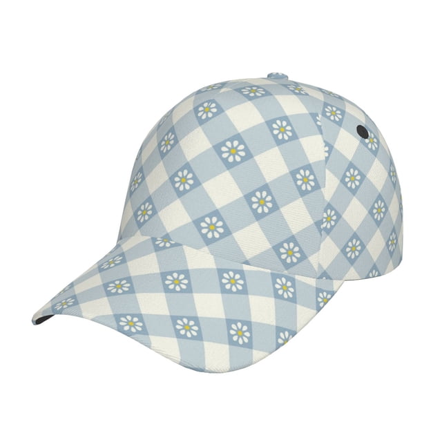 Balery Daisy Plaid Blue Gorra de béisbol de tamaño ajustable para correr, entrenar y actividades al aire libre. Gorra de papá para todas las estaciones.
