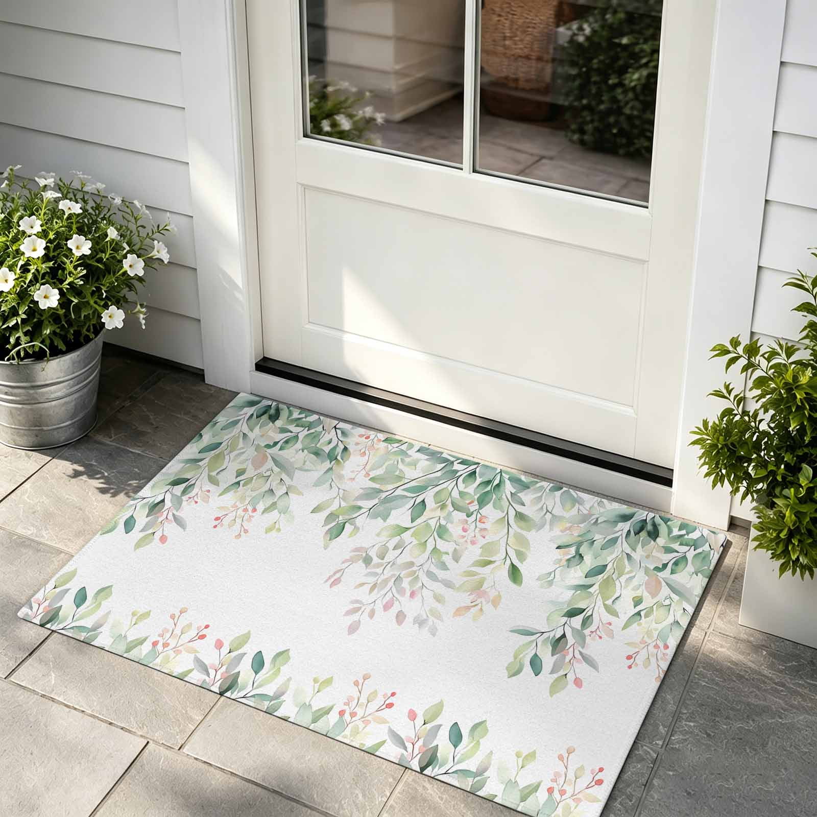 Front Door Mat, Green Botanical Indoor Door Mats for Entryway TPR Backing Non Slip Mats, Watercolor Floral Spring Eucalyptus Leaves Absorbent Kitchen Floor Mat, Washable Entryway Rugs 24x36 Inch