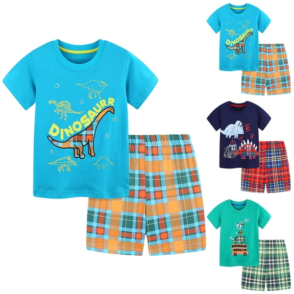 Nwiuh Toddler Boy Summer Outfits Baby Boy Airplane Short Sleeves T-Shirt Plaid Shorts Set Infant Boy Clothes Set Navy for Size 4-5 Years