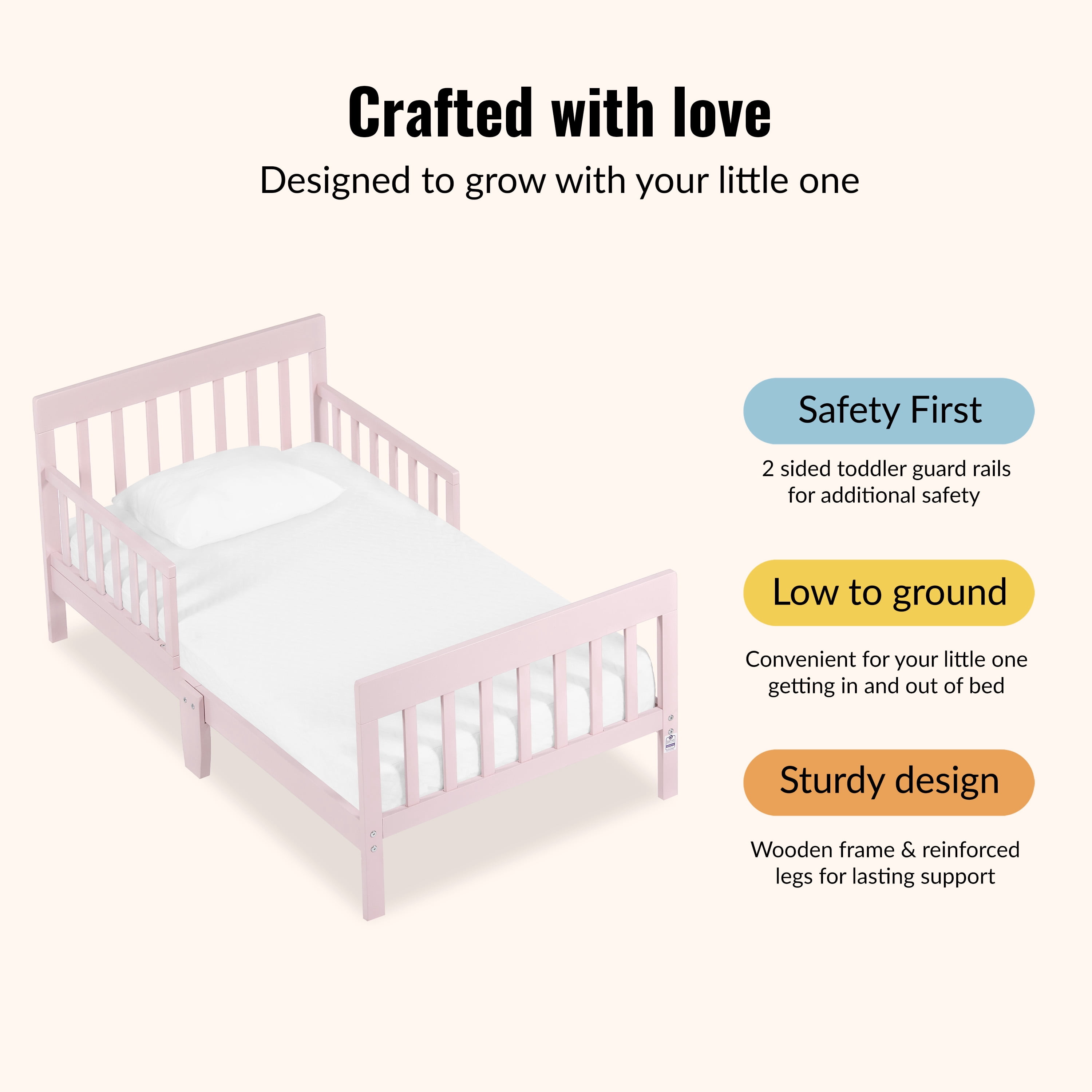Dream On Me Finn Pink Toddler Bed, New Zealand Pinewood, JPMA Certified