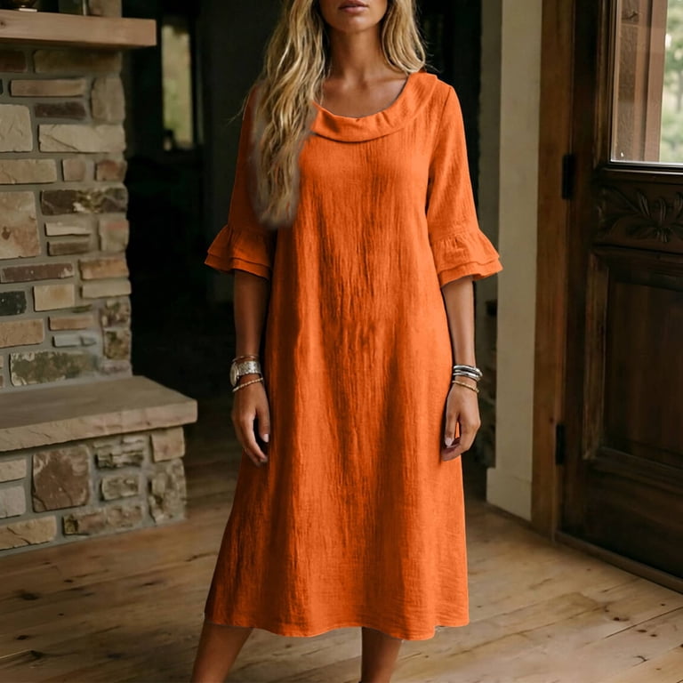 midi shift dress plus size Rove Studio Women’s Plus Size Solid Midi Shift Dress, Fold Round Neck 3/4  Ruffle Sleeve Relaxed Loose Dress, Lightweight Breathable Casual Dress for