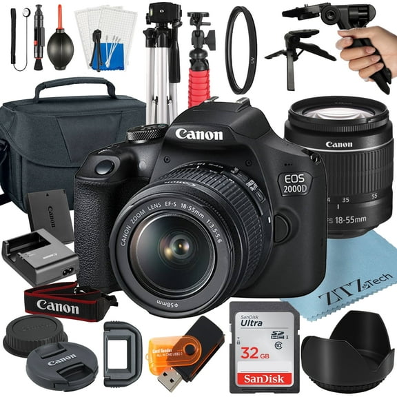 Canon EOS 2000D (Rebel T7) DSLR Camera Bundle: Includes 18-55mm Zoom Lens   SanDisk 32GB Card   Case   Tripod   UV Filter and More (International Version)