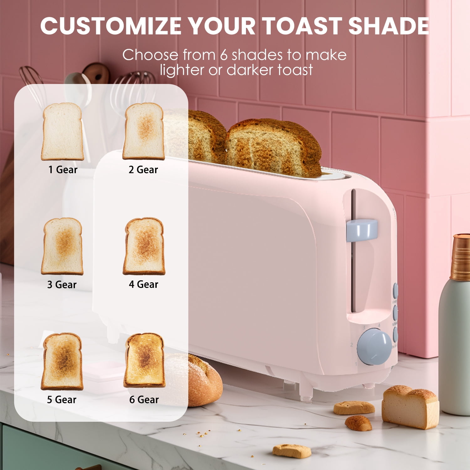 Slim 2-Slice Toaster, 10" Long Slot,6 Shade Settings with Cancel, Reheat & Defrost, Auto Shut off, Removable Crumb Tray，Pink