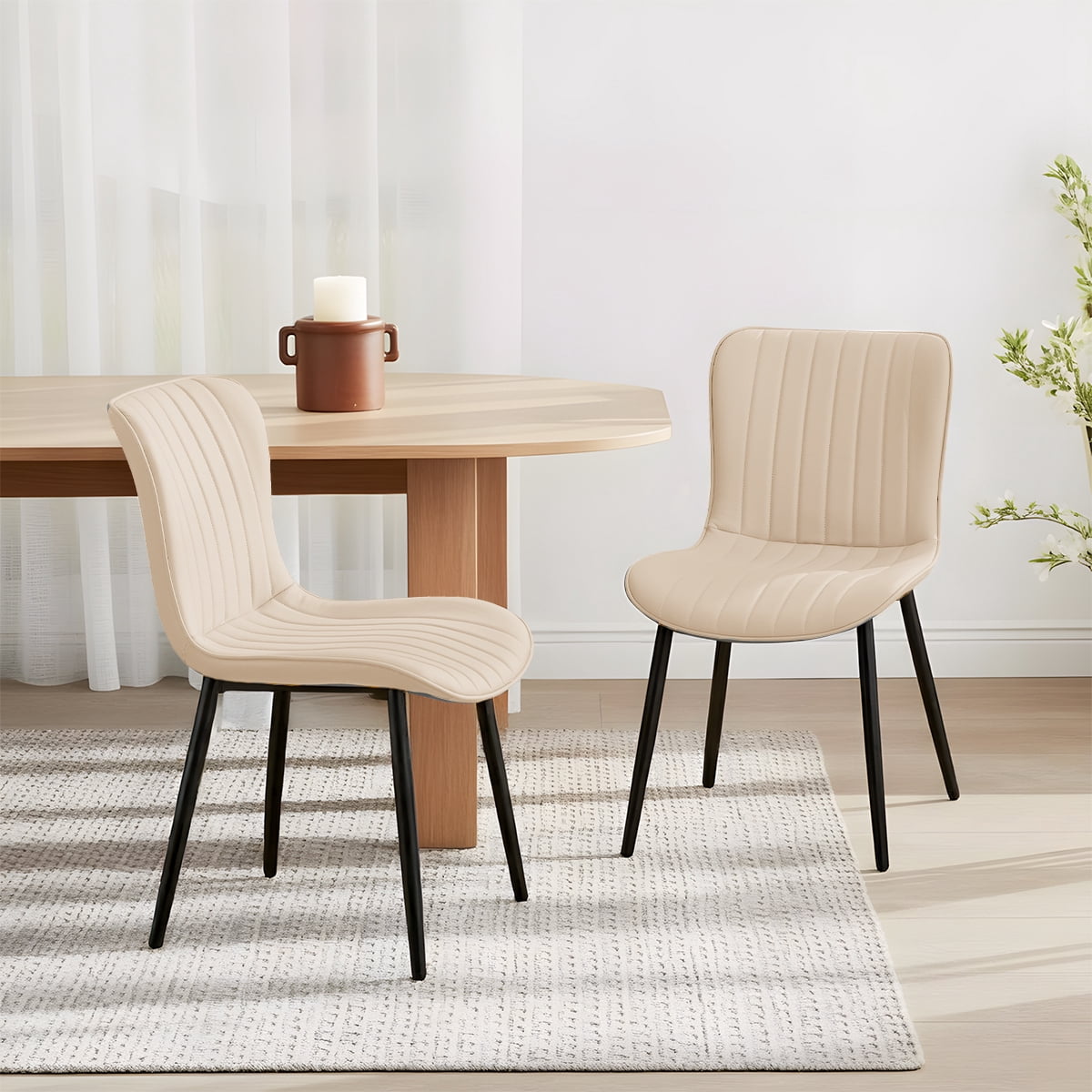 L'AGRATY Modern Dining Chairs Set of 2, PU Leather Upholstered Side Chairs with High Backrest, Kitchen Chair,Heavy Duty, Cushions & Durable Metal Legs for Kitchen, Dining Room,Restaurant,Beige