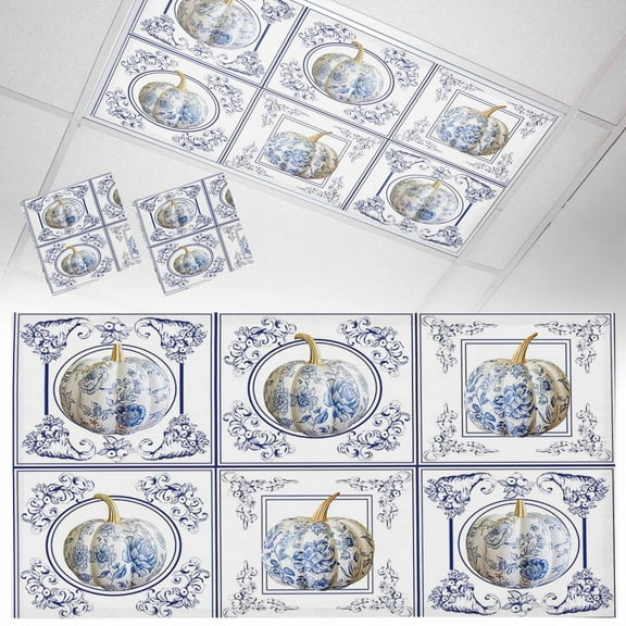 2 Pack Magnetic Fluorescent Light Covers, 2x4 Ft, Fall Thanksgiving Pumpkin Blue and White Porcelain Floral Plaid Magnetic Light Covers for Ceiling Lights Classroom Office Home Decor