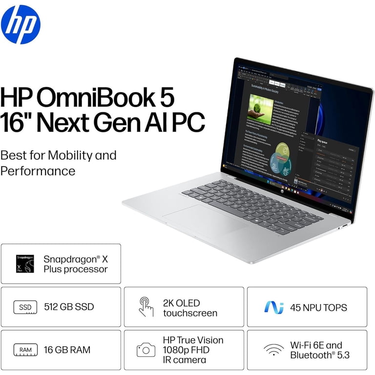 HP OmniBook 5 16 inch Next Gen AI PC, 2K Touchscreen, Snapdragon X