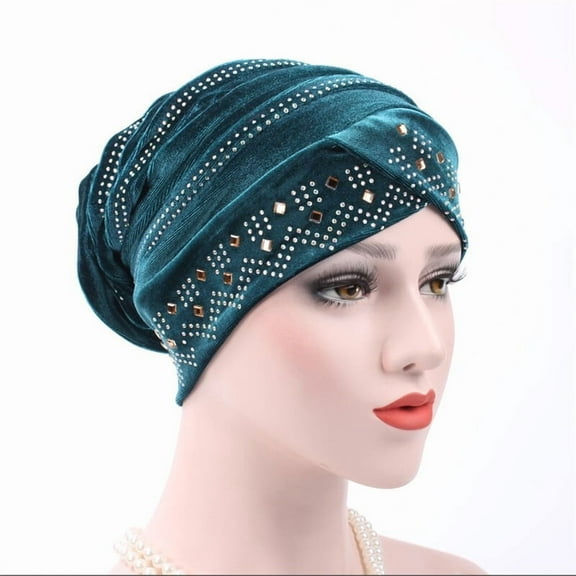 Women Velvet Crystal Beanie Hat Stretch Turban Cap Headwear Hair Wrap Headwrap