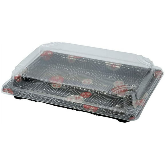 [50] Black Sushi Trays with Lids 7.25 x 5 Inch - Disposable Sushi Packaging Box, Carry Out Container, Take Out Boxes, Black Plastic To Go Containers, Entrees, Appetizers or Desserts