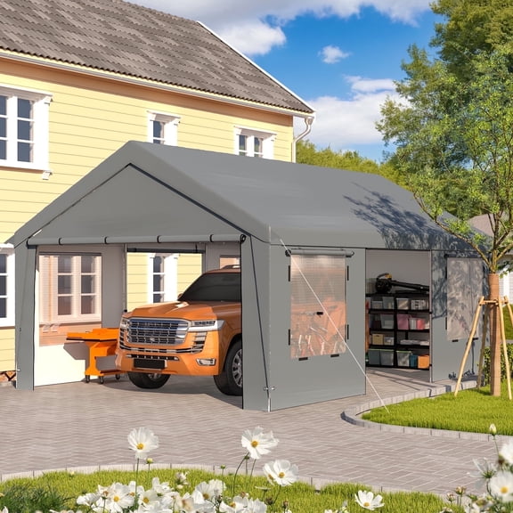 Mellcom 13' x 20' Carport, Heavy Duty Portable Garage with Roll-Up Windows, Side Doors and Removable Sidewalls, All-Season Car Port for Car,SUV,Truck,Outer Gray and Inner White