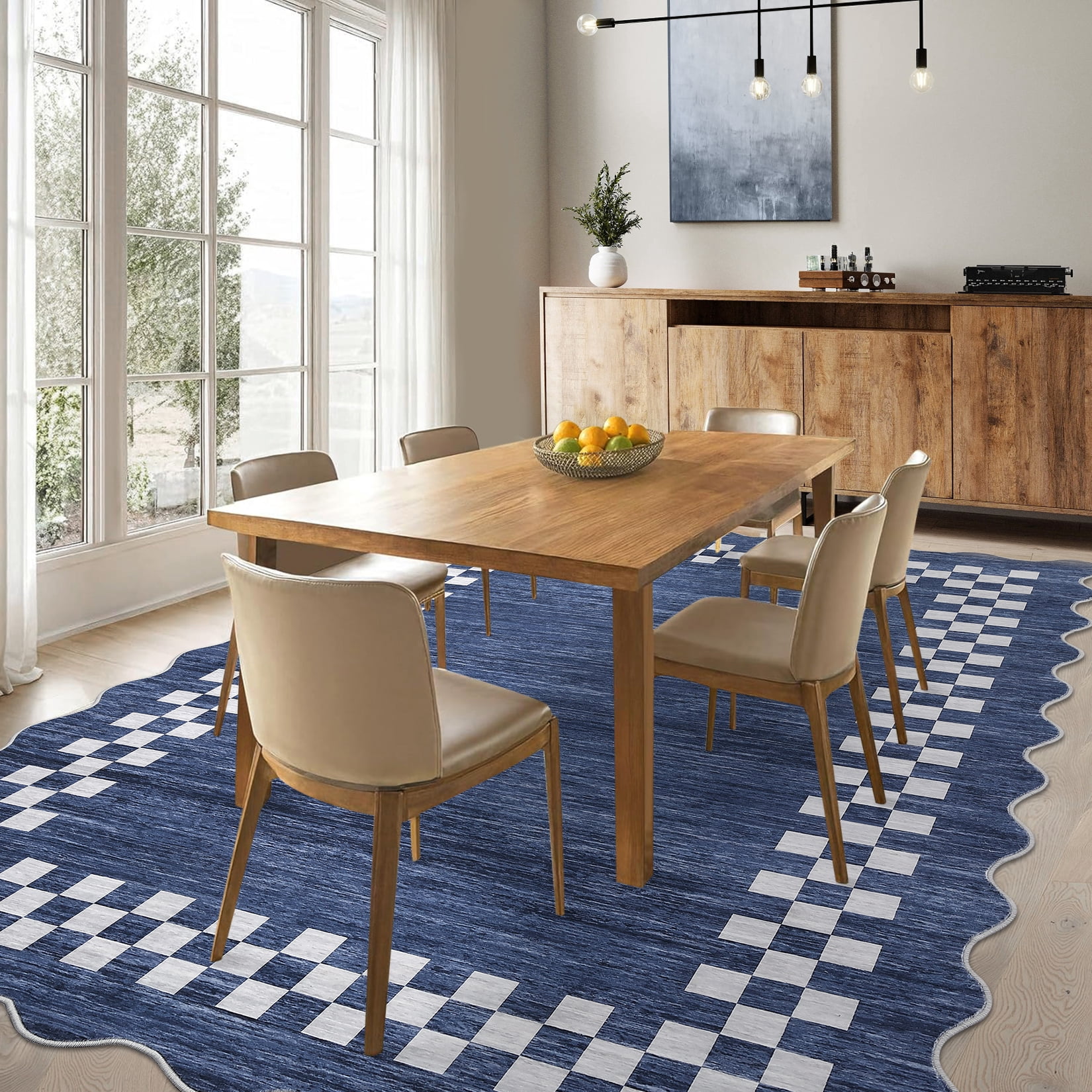 Garvee 10'x13' Scalloped Area Rug, Geometric Neutral Bordered Indoor Rugs Washable Rug Stain-Resistant Low Pile Carpet for Living Room Bedroom Home Decor, Blue
