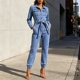 thumbnail image 2 of Women's Washed Denim Jumpsuit Long Sleeved Collared High Waisted Drawstring Waist Tapered Leg Jumpsuit with Pockets Vintage Buttons Jumpsuits, 2 of 7