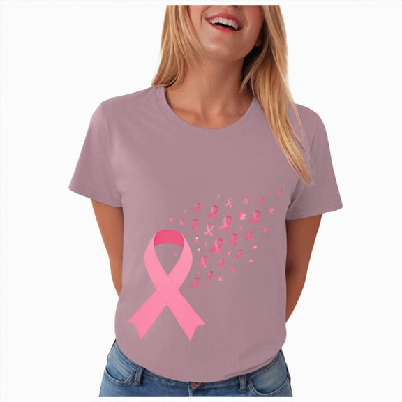 Women Breast Cancer Print T Shirt Short Sleeve Women Short Sleeve Round Neck Tee Womens Basic T Shirts Tops