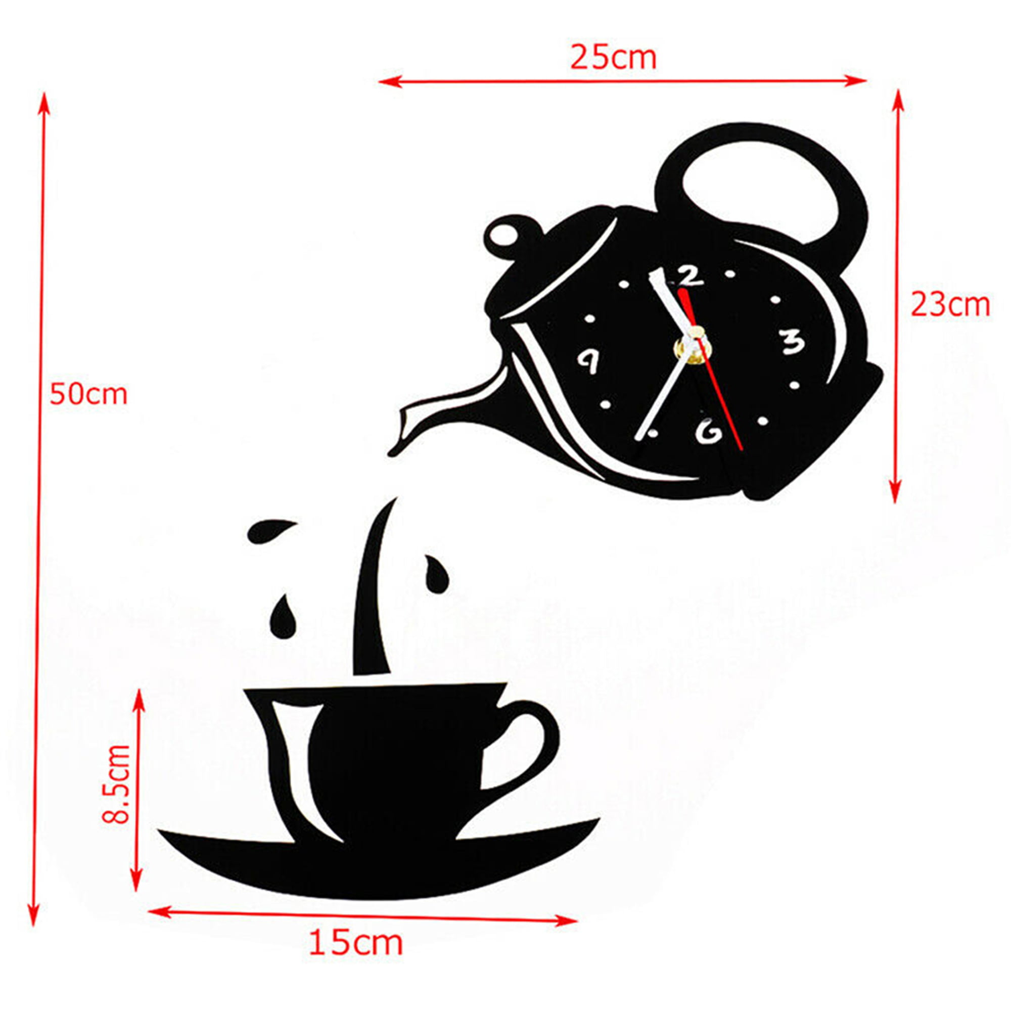 3D Wall Clock Coffee Cup Teapot Bedroom Kitchen Clock Quartz Decor Sticker Clock 