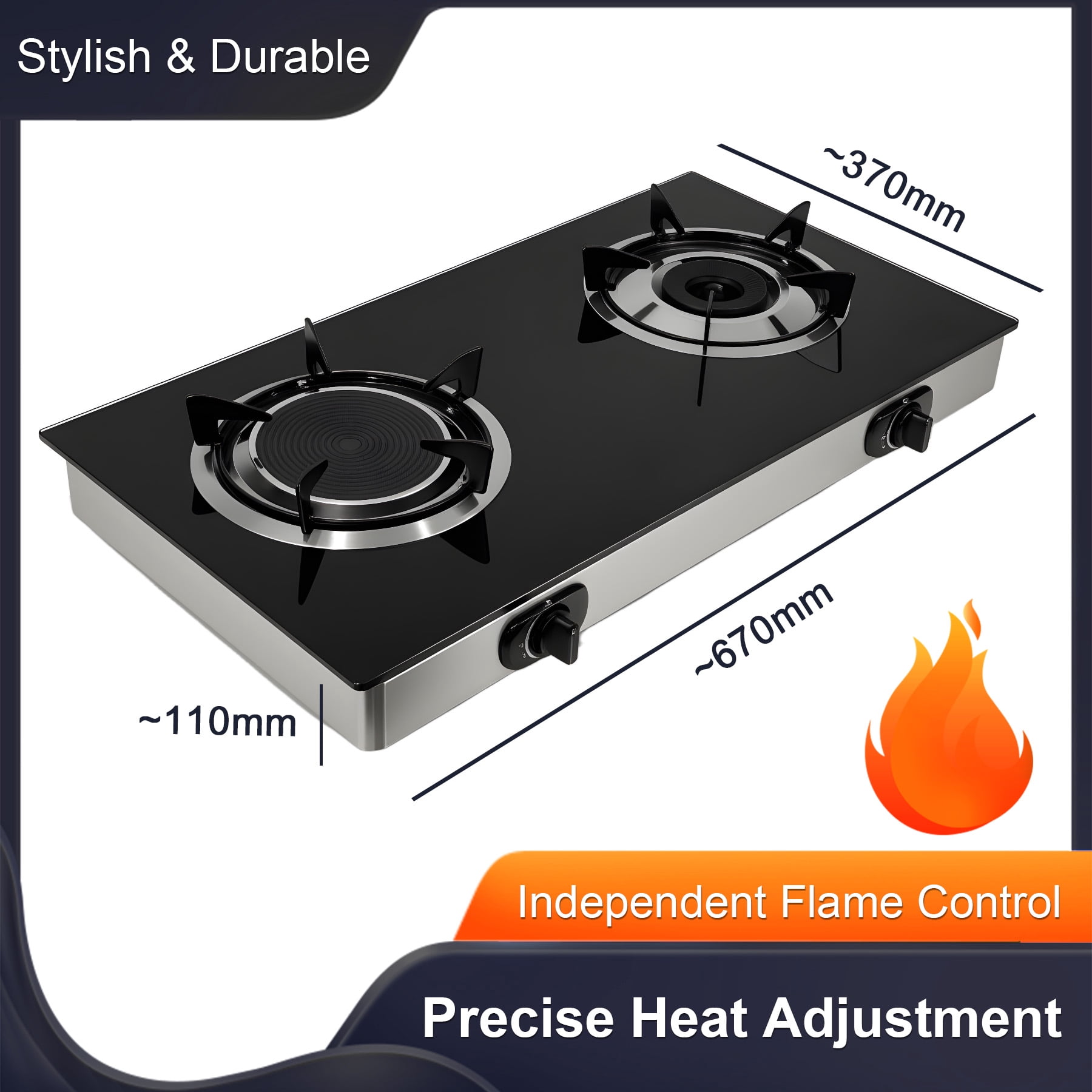 TIMVAGO 2-Burner Gas Stove with Tempered Glass Cover, Infrared & Blue Swirl Flame Burners, Includes Hoses & Regulator, LPG, for Outdoor, Patio, Camping, Kitchen, Christmas Gift