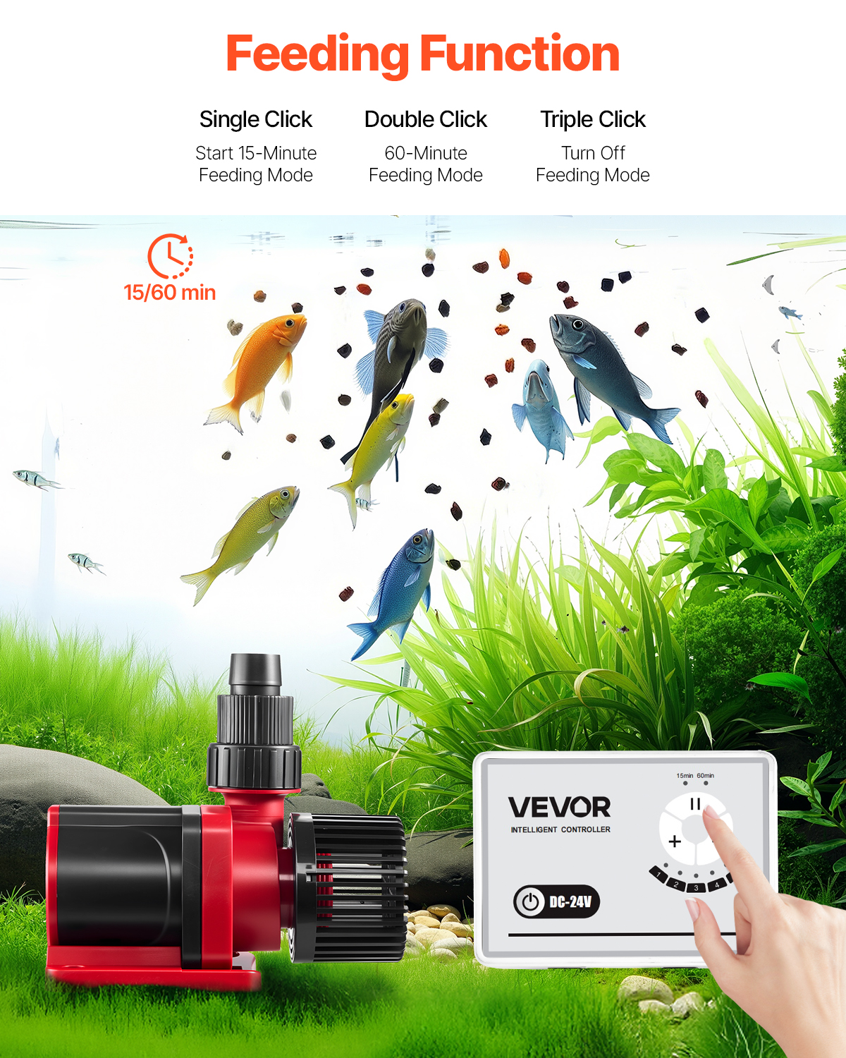 VEVOR Aquarium 24V DC Water Pump, 60W,1750 GPH Marine Wavemaker Return Pump with Controller,Adjustable Flow, Feed Mode,16 ft Maximum Lift,for Saltwater Freshwater Fish Tank Sump Pond Circulation