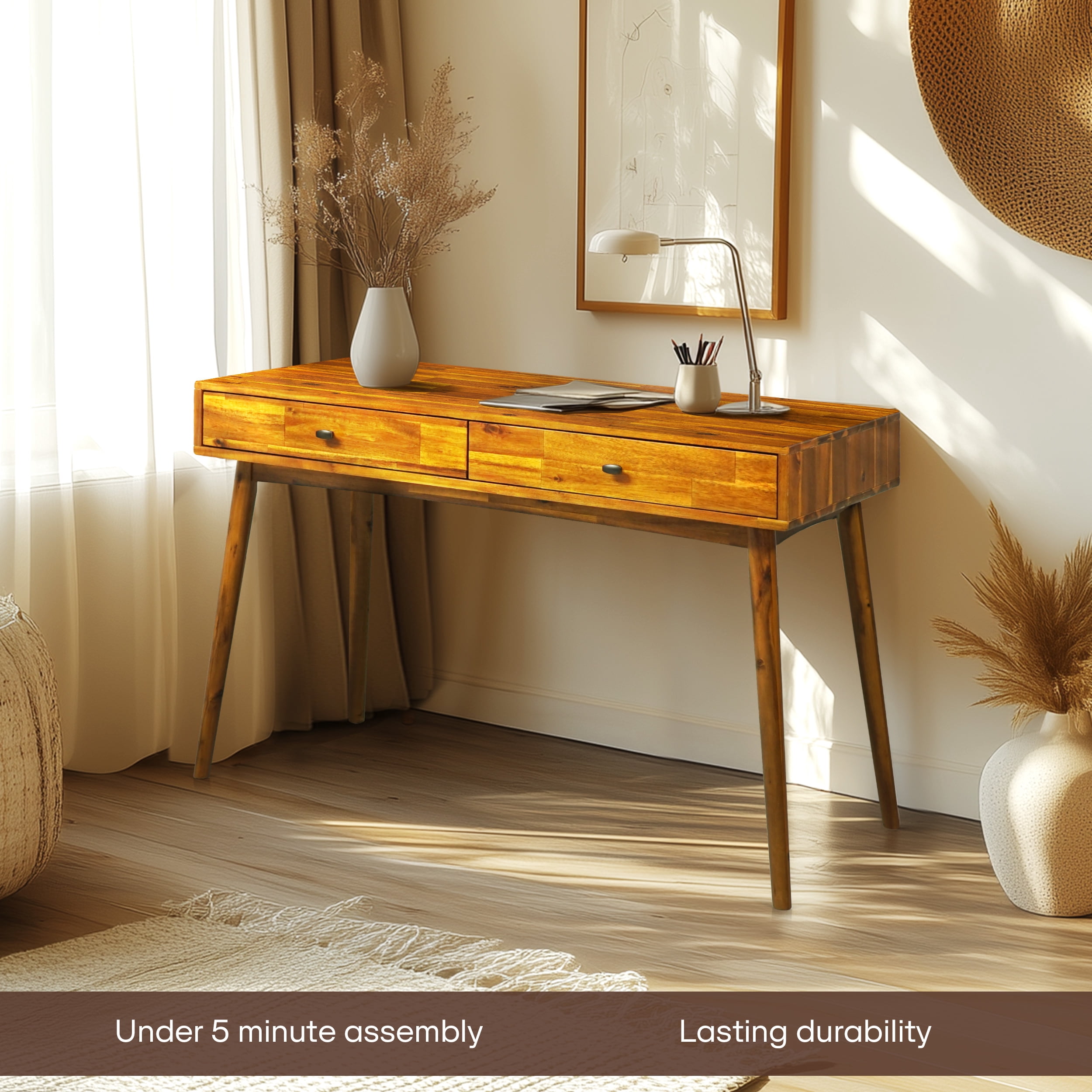Acacia Lagom 48" Solid Wood Work Desk with Drawers Office Desk for Home Office, Caramel
