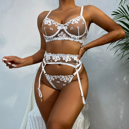 

Cathalem Womens Lingerie Set with Stockings Big Breast Women Fashionable Sexy Lace Flower Women Sexy Lingerie plus Size Underwear White X-Large