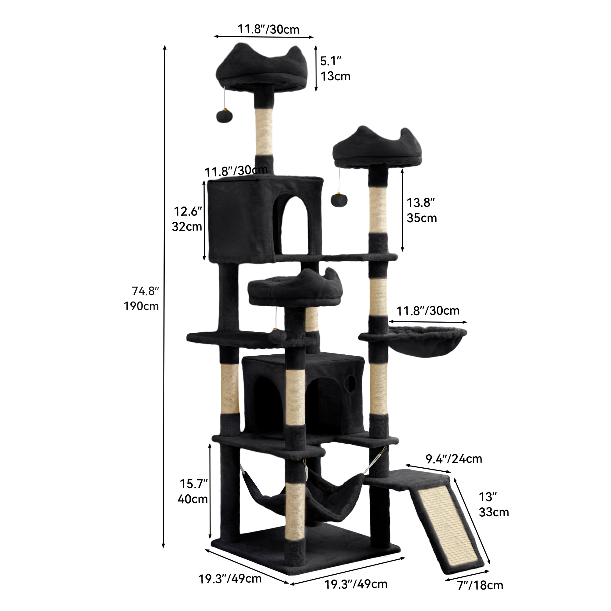 Dextrus 75" Multi-Level Cat Tree Tower with Cat Condos, Top Perches, Hammocks, Scratching Posts Board, Large Cat Activity Center,Black