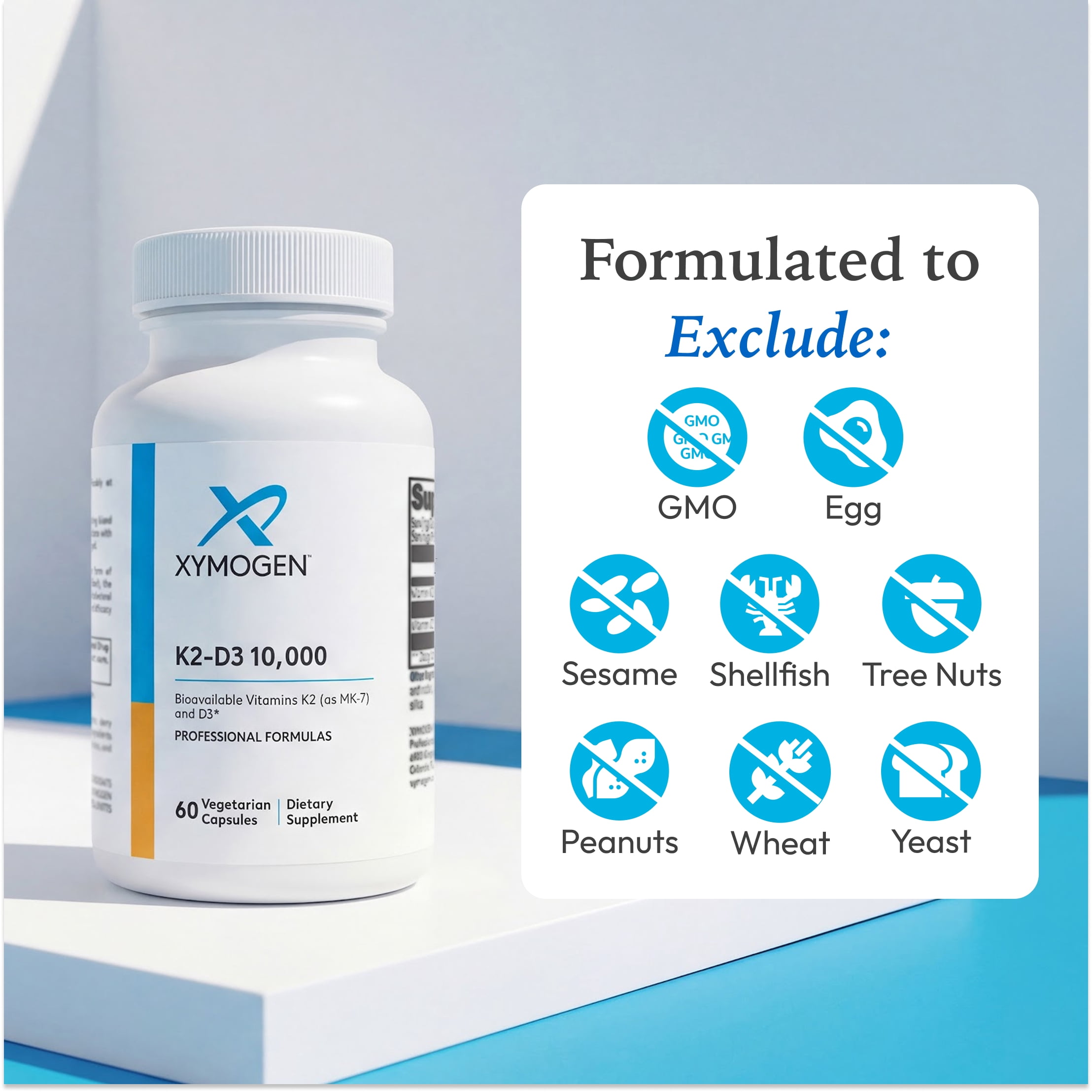 XYMOGEN K2 D3 10000 Vitamin D3 K2 Supplement for Immune, Bone and Cardiovascular Support Non GMO, Gluten Free, Vegetarian 60 Capsules